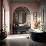Modern Eclectic Bathroom Design with Navy Vanity and Oval Mirror