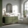 White Tiles Scandinavian Bathroom Design with Olive Vanity and Marble Top