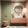 Contemporary Bathroom Design with Green and Peach Tiles and Floating Vanity