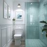 Modern Bathroom Design with Aqua Green Tiles and Glass Shower