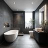 Grey and Black Texture Tiles Modern Bathroom Design with Bathtub and Glass Shower