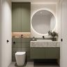 Minimal Green and White Bathroom Design with Floating Vanity Storage
