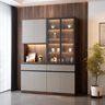 Wood and Beige Modern Crockery Unit Design with Glass Display and Open Niche