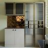 Contemporary Crockery Unit Design with White and Profile Glass Shutters