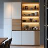Wood and White Minimal Full Height Crockery Unit Design with LED-Lit Open Shelves
