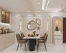 Modern Luxe Dining Room Design with Fluted Table and Crockery Cabinet