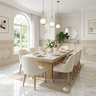 Scandinavian 8-Seater Dining Room Design with Glass Top and Sideboard Storage