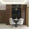 Contemporary Dining Room Design with Pedestal Table and Wood Panels
