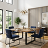 Mid Century Modern Dining Room Design with Sideboard and Blue Chairs