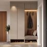 Modern Beige and Walnut Foyer Design with Bench and Cabinets