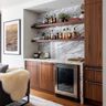Walnut Matte Finish Contemporary Home Bar Design with Wine Cooler and Display