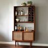 Mid-Century Modern Walnut Home Bar Design with Cane Cabinet and Wine Rack
