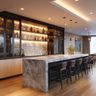 Modern Oak Walnut Home Bar Design with Marble Backdrop and Matte Finish