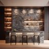 Modern Brown and Stone Cladded Home Bar Design with Wooden Cabinet