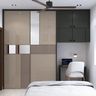 Grey Minimal Home Office Design with Sliding Wardrobe and Compact Desk