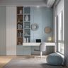 Blue and White Scandinavian Home Office Design with Floating Desk