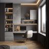 Modern Grey Home Office Design with Floating Desk and Bookshelves