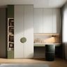Minimal Acacia White and Green Home Office Design with Built In Desk