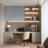 Minimal Blue Grey and Wood Home Office Design with Floating Desk