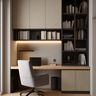 Grey and Charcoal Contemporary Home Office Design with Bookshelves and Desk