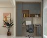 Grey and Walnut Bronze Modern Home Office Design with Built In Storage