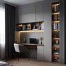 Modern Grey Home Office Design with Floating Desk Storage and Bookshelf