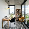 Walnut Contemporary Home Office Design with Shelves and Window View