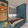 Modern Kids Bedroom Design with Teal Wardrobe and Integrated Bed
