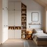 Scandinavian Kids Bedroom Design with Low Wooden Platform Bed and Display Shelves