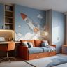Modern Kids Bedroom Design with Rocket Space Theme Wall and Daybed Cum Sofa
