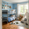 Contemporary Kids Bedroom Design with Grey Bunk Bed with Ladder and Side Table