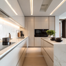 Modern Island Kitchen Design with Champagne Gloss Cabinets and Quartz Top