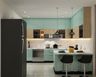 Walnut and Blue Modern U-Shaped Kitchen Design with Quartz Countertop
