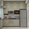 Contemporary Beige L-Shaped Kitchen Design with High Gloss Cabinets