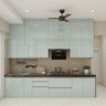 Modern Parallel Kitchen Design in Blue High Gloss Finish with Granite Countertop