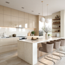 Scandinavian Island Kitchen Design with Cream Cabinets and Quartz Top