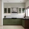 Contemporary White and Grey L-Shaped Kitchen Design with Glass Cabinets