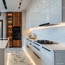 Modern Island Kitchen Design with White Gloss Finish Cabinets