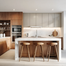 Modern Island Kitchen Design with Walnut and Grey Cabinets with Suede Finish