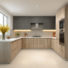 Grey and Acacia Contemporary U-Shaped Kitchen Design with Quartz Countertop