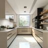 Modern U-Shaped Kitchen Design with Ivory Cabinets and Open Shelves