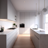 Minimal Parallel Kitchen Design with Cream Suede Cabinet Finish and Wooden Flooring