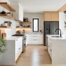 Modern White and Walnut Island Kitchen Design with Wooden Shelves and Quartz Counter