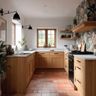Classic Oak U-Shaped Kitchen Design with Granite Countertop and Open Shelving