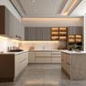Contemporary Island  Kitchen Design with Illuminated Ivory Cabinets and Quartz Countertop