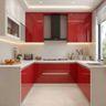 Contemporary U-Shaped Kitchen Design with Red and White Glossy Cabinets