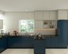 Blue and White Contemporary U-Shaped Kitchen Design with Granite Countertop