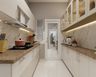 Modern White and Acacia Parallel Kitchen Design with Terrazzo Countertop