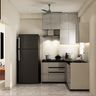 Metallic Silver Modern L-Shaped Kitchen Design with Glossy Cabinets Storage