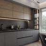 Minimal Grey and Wood Straight Kitchen Design with Quartz Countertop